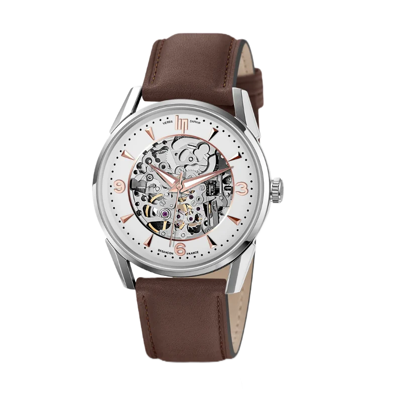 Montre LIP Mécanique Homme - Boîtier Acier Argenté, Cadran Blanc, Bracelet Cuir, Fonctionnelle Et Élégante