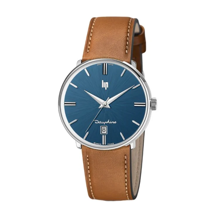 Face Montre LIP - Dauphine 38 mm - Cuir Marron Cadran Bleu