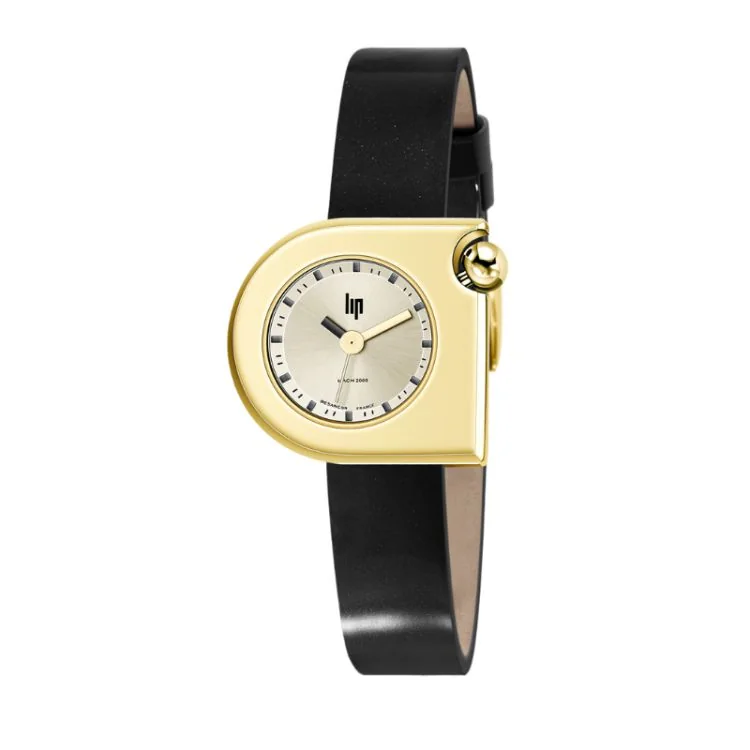 Montre LIP - Mach 2000 - Mini Moon - Cuir Noir Lisse - Cadran Doré