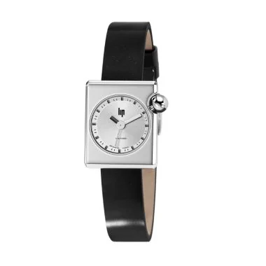 Montre LIP - Mach 2000 - Mini Square - Cadran Argent - Cuir Lisse Noir
