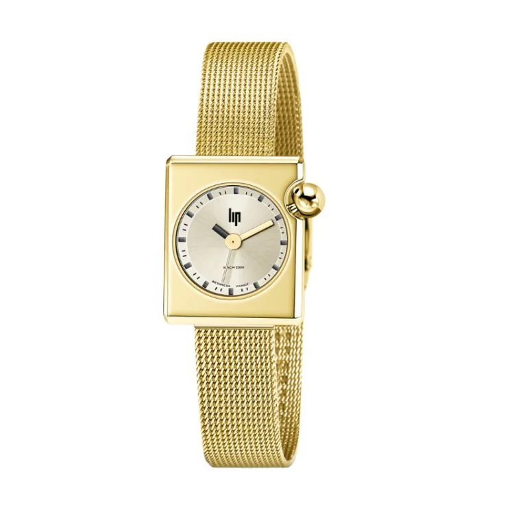 Montre LIP - Mach 2000 - Mini Square - Maille Milanaise Doré