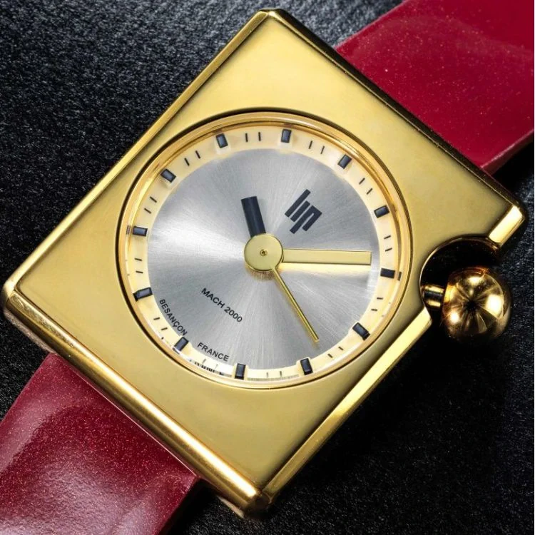 Cadran Montre LIP - Mach 2000 - Mini Square - Cadran Doré - Cuir Rouge Lisse