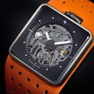 Cadran Montre LIP - Big TV - Squelette Automatique - Cuir Orange Perforé