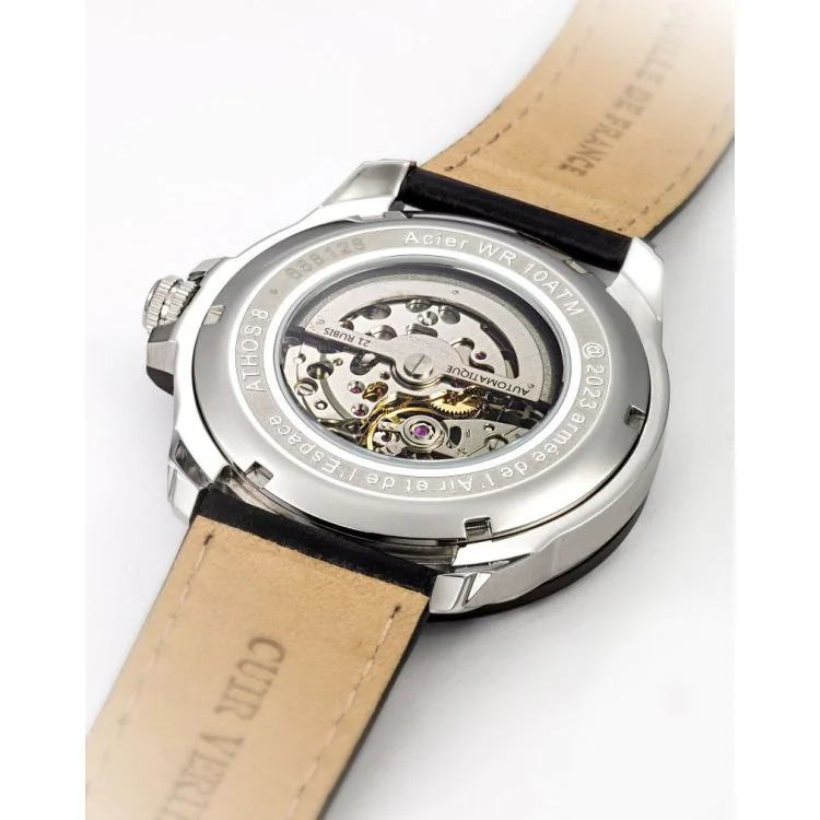 Dos Montre Aviateur Patrouille de France - Athos 8 - Automatique Squelette - Cuir Noir
