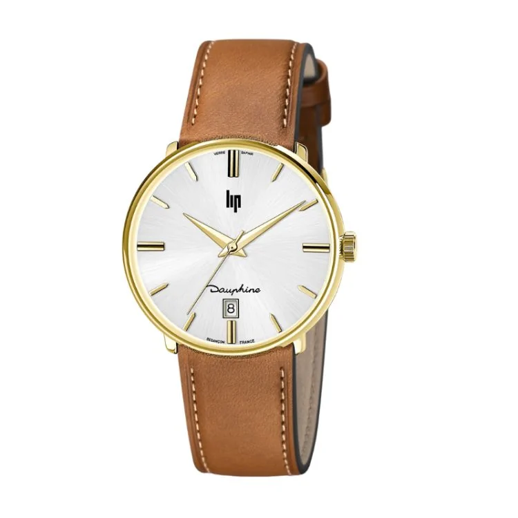 Montre LIP - Dauphine 38 mm - Cuir Marron Cadran Doré