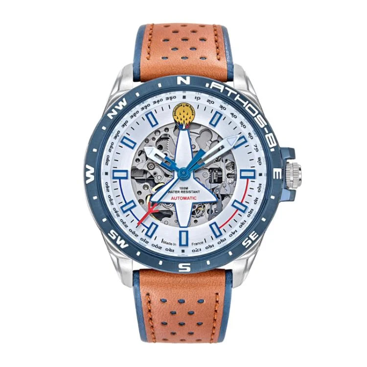 Montre Aviateur Patrouille de France - Athos 8 - Automatique Squelette - Cuir Marron et Bleu