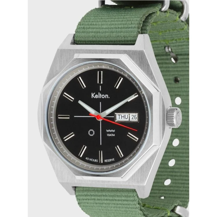 Cadran Montre Kelton - Octogone - Vintage - Automatique - Nato Kaki Noir