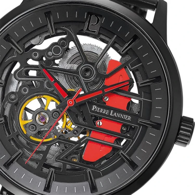Cadran Montre Pierre Lannier - Paddock - Automatique - Squelette - Maille Milanaise Rouge