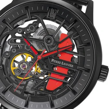 Cadran Montre Pierre Lannier - Paddock - Automatique - Squelette - Maille Milanaise Rouge