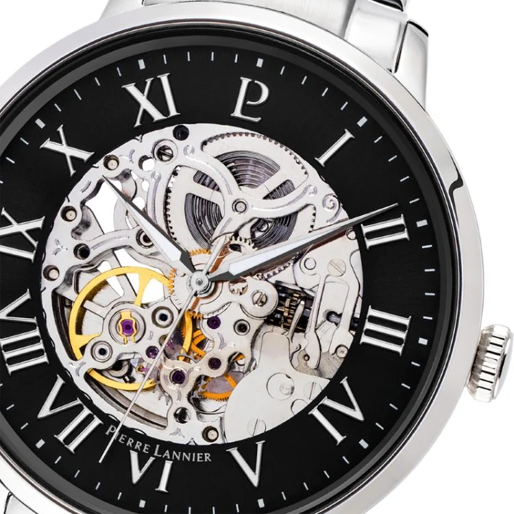 Cadran Montre Pierre Lannier - Automatic - Squelette - Acier Noir et Argent