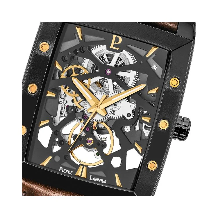 Cadran Montre Pierre Lannier - Hector - Automatique - Squelette - Cuir Marron