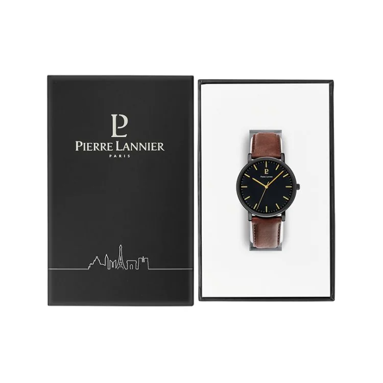 Coffret Montre Pierre Lannier - Essential - Cadran Noir - Cuir Marron