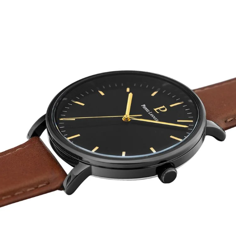 Profil Montre Pierre Lannier - Essential - Cadran Noir - Cuir Marron