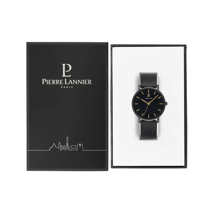Coffret Montre Pierre Lannier - Essential - Cadran Noir - Maille Milanaise Noire