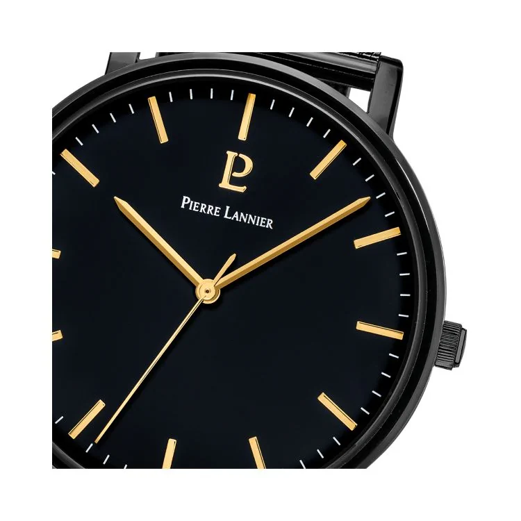 Cadran Montre Pierre Lannier - Essential - Cadran Noir - Maille Milanaise Noire