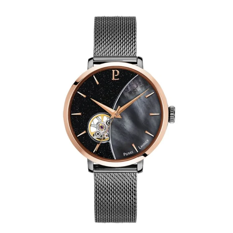 Montre Pierre Lannier - Céleste - Automatique - Cœur Ouvert - Maille Milanaise Noire
