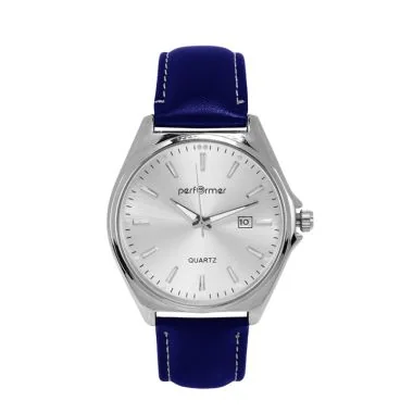 Montre Performer - Classique - Simili Cuir Bleu - Cadran Argent