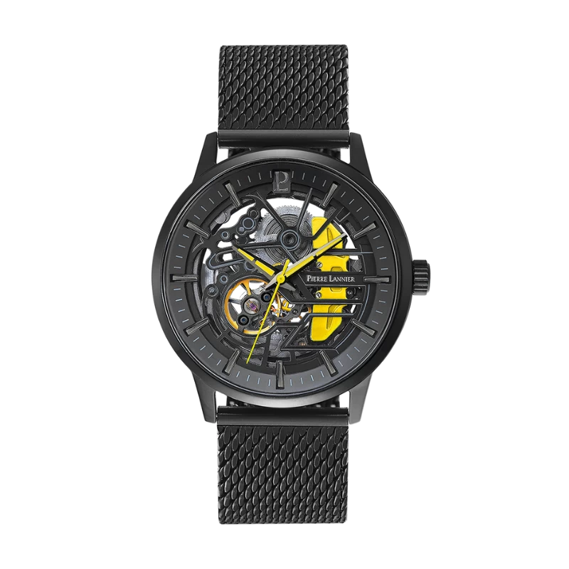 Montre Pierre Lannier - Paddock - Automatique - Squelette - Maille Milanaise Jaune