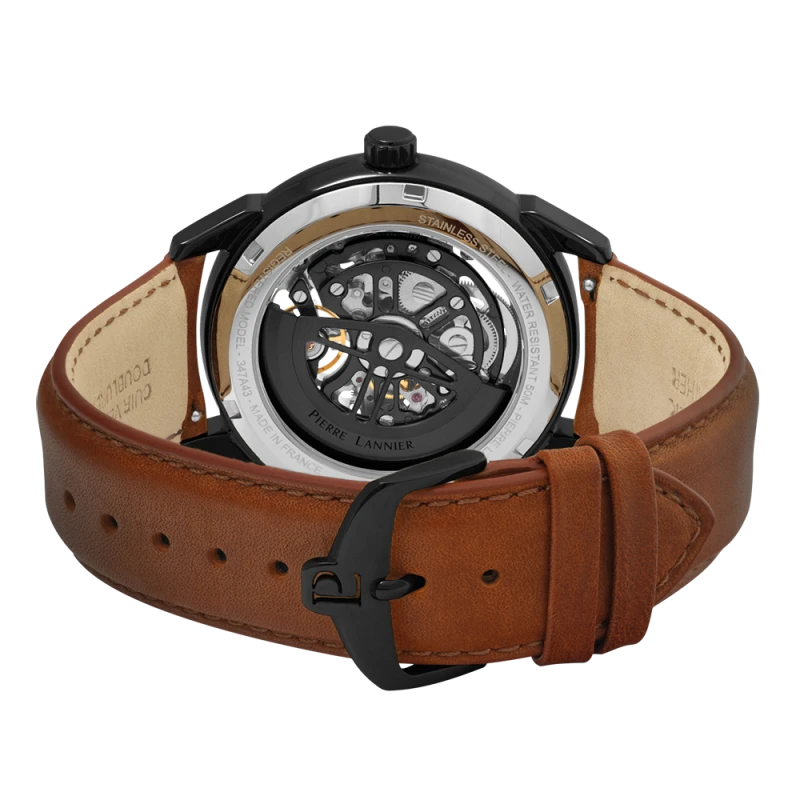 Dos Montre Pierre Lannier - Monarck - Automatique - Squelette - Cuir Marron