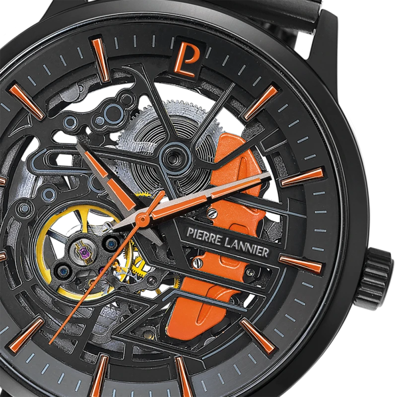 Cadran Montre Pierre Lannier - Paddock - Automatique - Maille Milanaise Orange - 22mm