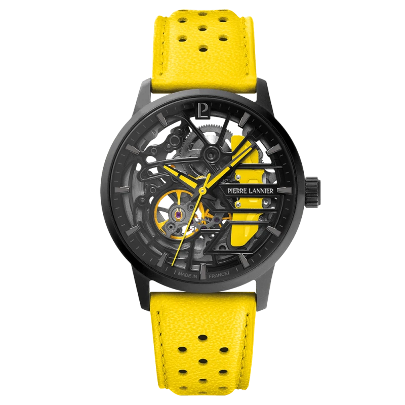 Pierre Lannier - Montre Unisexe Pierre-Lannier Paddock Noir Cadran Noir Bracelet Cuir Jaune 20 MM | 145G849 | montre élégante
