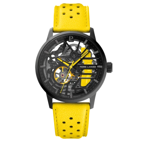 Pierre Lannier - Montre Unisexe Pierre-Lannier Paddock Noir Cadran Noir Bracelet Cuir Jaune 20 MM | 145G849 | montre élégante