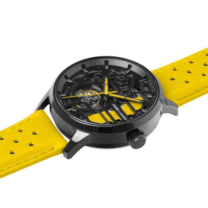 Pierre Lannier - Montre Unisexe Pierre-Lannier Paddock Noir Cadran Noir Bracelet Cuir Jaune 20 MM | 145G849 | montre élégante