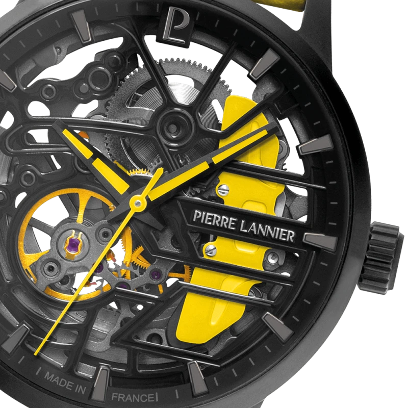 Pierre Lannier - Montre Unisexe Pierre-Lannier Paddock Noir Cadran Noir Bracelet Cuir Jaune 20 MM | 145G849 | montre élégante