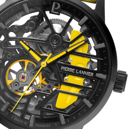 Pierre Lannier - Montre Unisexe Pierre-Lannier Paddock Noir Cadran Noir Bracelet Cuir Jaune 20 MM | 145G849 | montre élégante