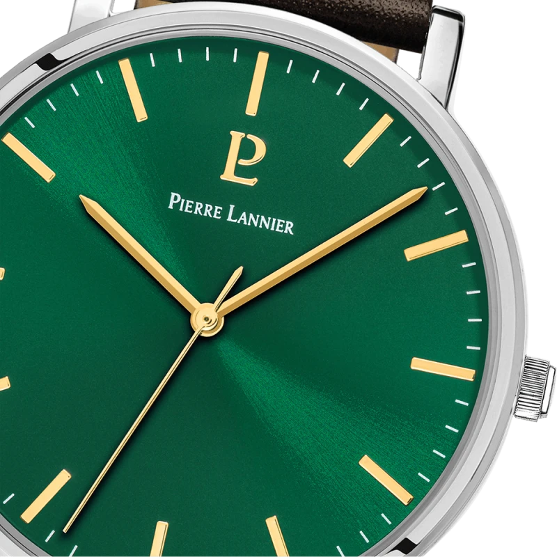 Pierre Lannier - Montre Homme Pierre Lannier Essential Cadran Vert Bracelet Cuir Marron | 217G174 | montre élégante