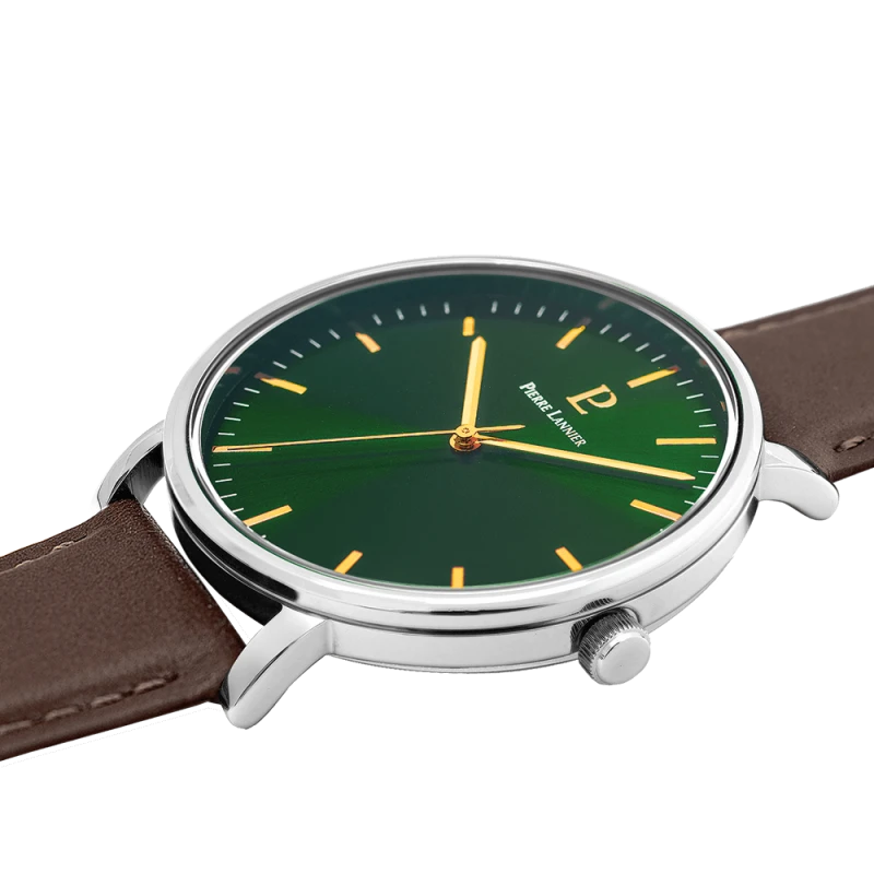 Pierre Lannier - Montre Homme Pierre Lannier Essential Cadran Vert Bracelet Cuir Marron | 217G174 | montre élégante