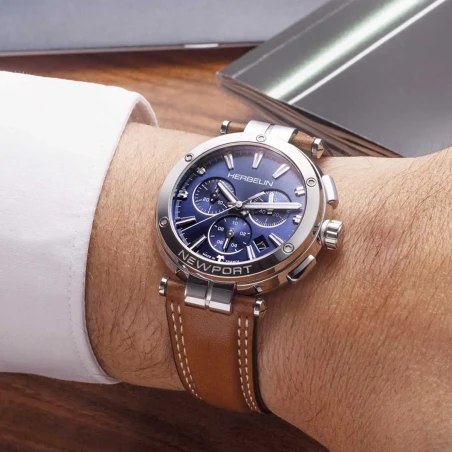 Michel Herbelin - Michel Herbelin Newport Chrono Quartz 37658AP15GD – Acier Cuir Brun