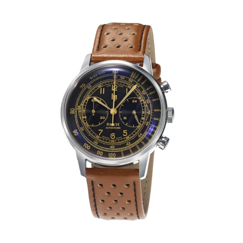 LIP - Montre Lip Rallye 40 Méca-Quartz Autodrome Homme Cadran Noir Cuir Marron | 671826