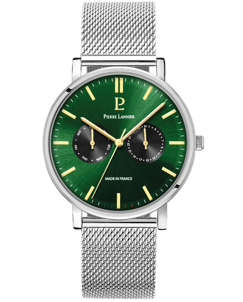 Montre Pierre Lannier - Quartz Homme ESSENTIAL Argenté Cadran Soleillé Vert Bracelet Acier milanais Argenté 20MM - 206J171