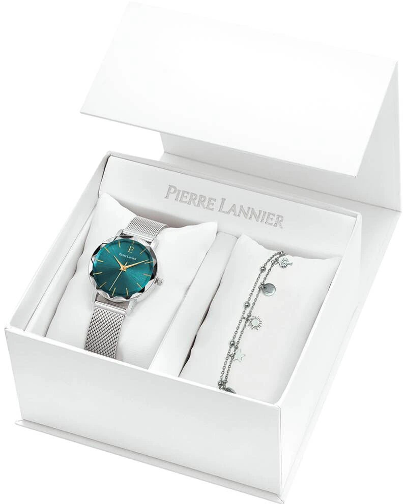 Montre Pierre Lannier - Coffret Femme MULTIPLES Argenté Cadran Soleillé Vert Bracelet Acier milanais Argenté 14MM - 179F671