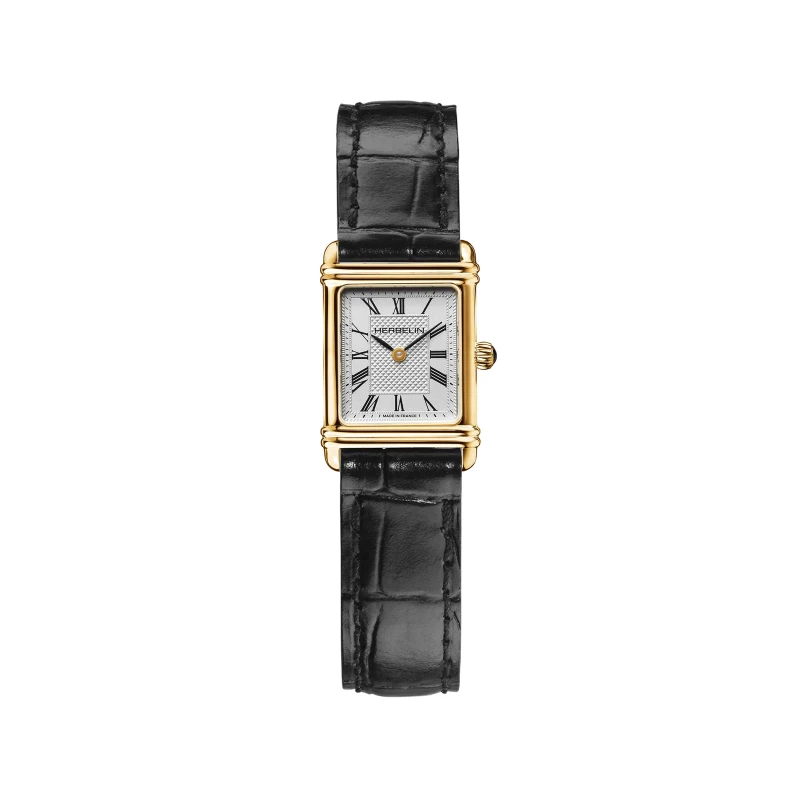 Montre Michel Herbelin - Art Déco - Quartz - Acier Doré & Cuir Noir