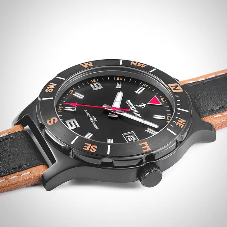 Profil Couronne Montre Homme Ruckfield Sport Boîtier Acier Bracelet Cuir Noir et marron Cadran Noir