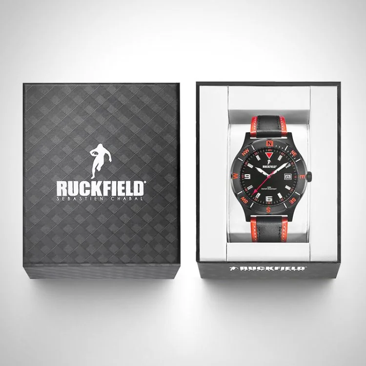 Ruckfield - Montre Ruckfield - New Vintage - Cuir Noir et Orange - Cadran Noir Orange