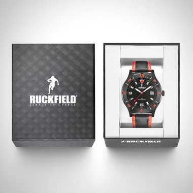 Ruckfield - Montre Ruckfield - New Vintage - Cuir Noir et Orange - Cadran Noir Orange