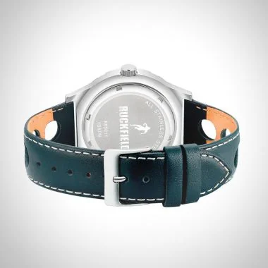 Arrière Montre Homme Ruckfield Sport Boîtier Acier Bracelet Cuir Bleu marine Cadran Bleu marine Boucle Ardillon