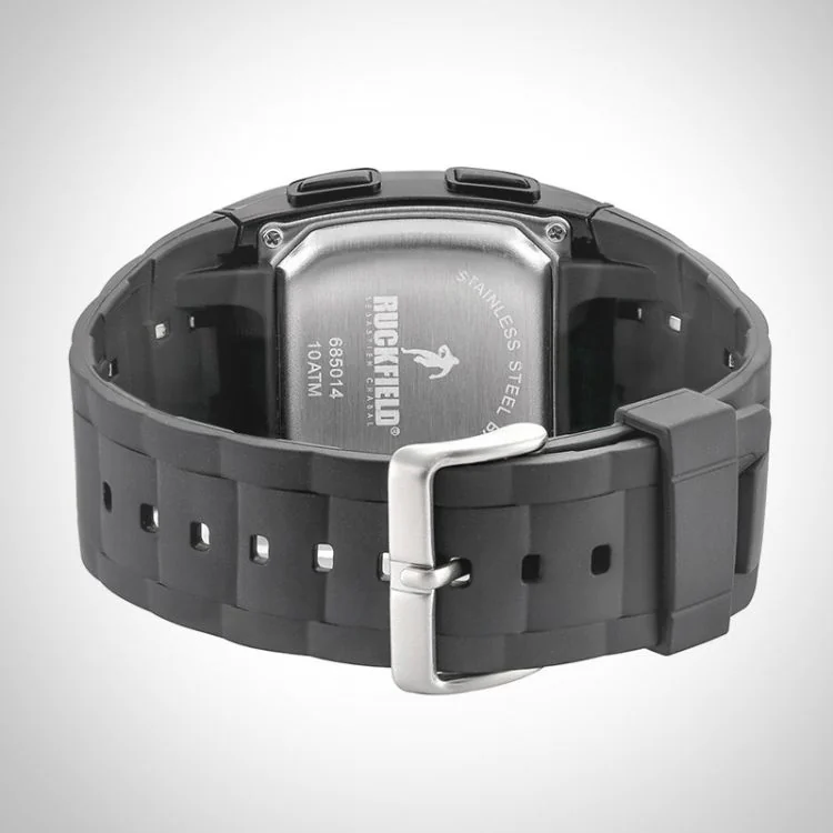 Arrière Montre Homme Ruckfield Sport Boîtier Acier Bracelet Silicone Noir Cadran LCD Boucle Ardillon