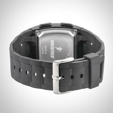 Arrière Montre Homme Ruckfield Sport Boîtier Acier Bracelet Silicone Noir Cadran LCD Boucle Ardillon