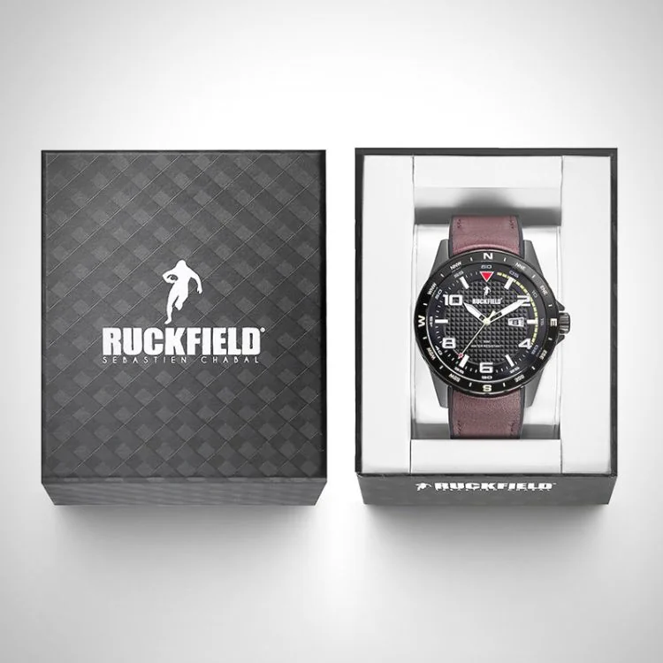 Coffret Montre Ruckfield - Vintage - Cuir Marron Foncé - Cadran Noir