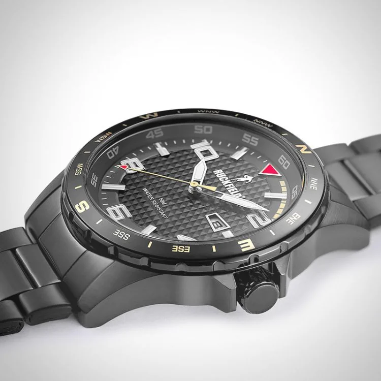 Profil Couronne Montre Homme Ruckfield Sport Boîtier Acier Bracelet Acier Noir Cadran Noir