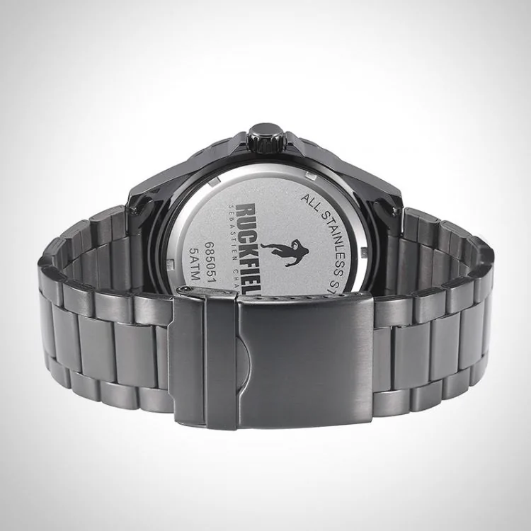 Arrière Montre Homme Ruckfield Sport Boîtier Acier Bracelet Acier Noir Cadran Noir Boucle Déployante