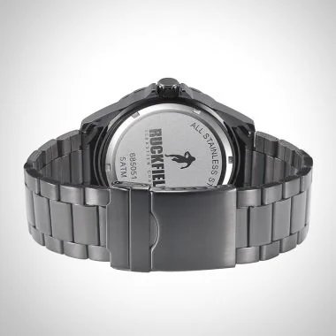 Arrière Montre Homme Ruckfield Sport Boîtier Acier Bracelet Acier Noir Cadran Noir Boucle Déployante