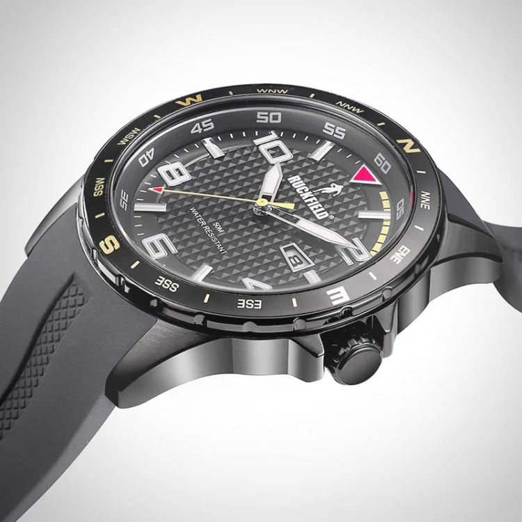 Profil Couronne Montre Homme Ruckfield Sport Boîtier Acier Bracelet Silicone Noir Cadran Noir