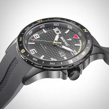Profil Couronne Montre Homme Ruckfield Sport Boîtier Acier Bracelet Silicone Noir Cadran Noir