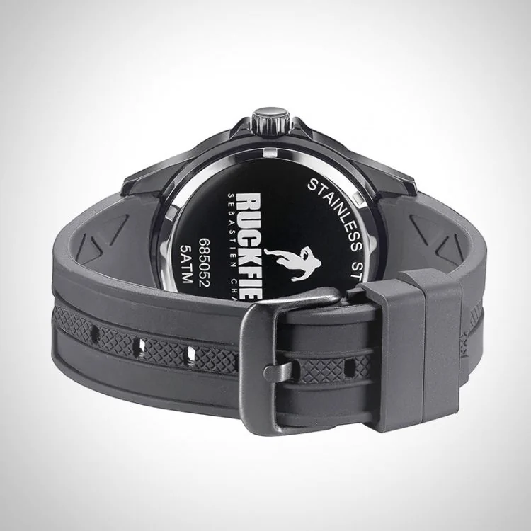 Arrière Montre Homme Ruckfield Sport Boîtier Acier Bracelet Silicone Noir Cadran Noir Boucle Ardillon