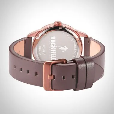 Arrière Montre Homme Ruckfield Sport Boîtier Acier Bracelet Cuir Marron Cadran Noir Boucle Ardillon